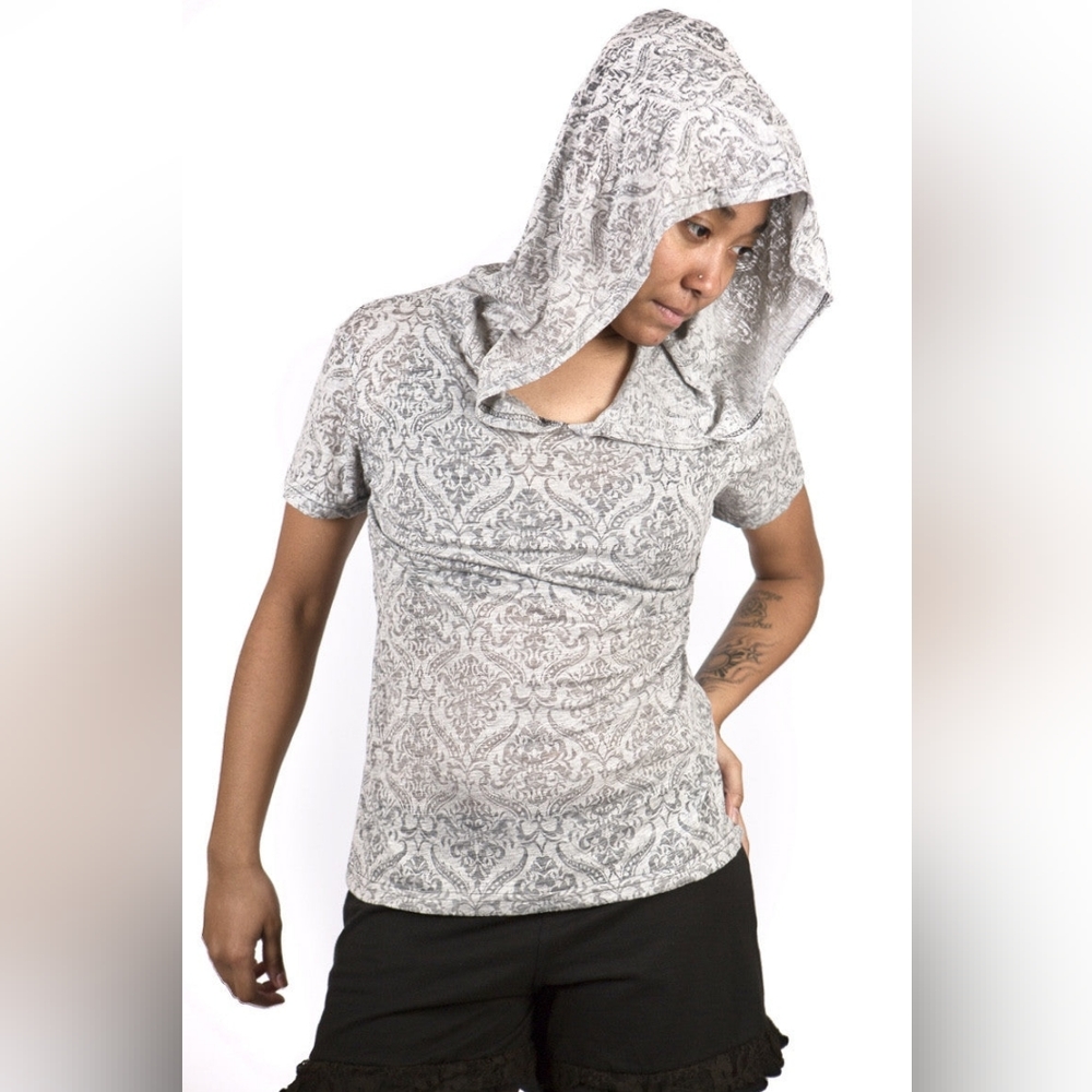 ⭐ Grey & White Hooded Burnout Tee - Unisex L